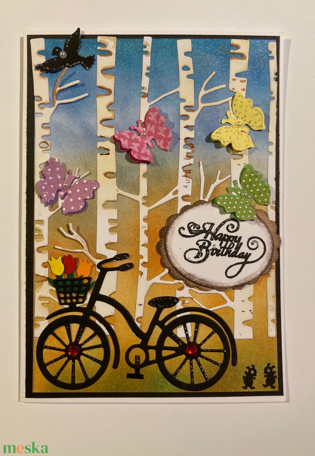 Születésnapi képeslap 3., üdvözlet, üdvözlőlap, bicikli, pillangó - otthon & lakás - papír írószer - képeslap & levélpapír - Meska.hu