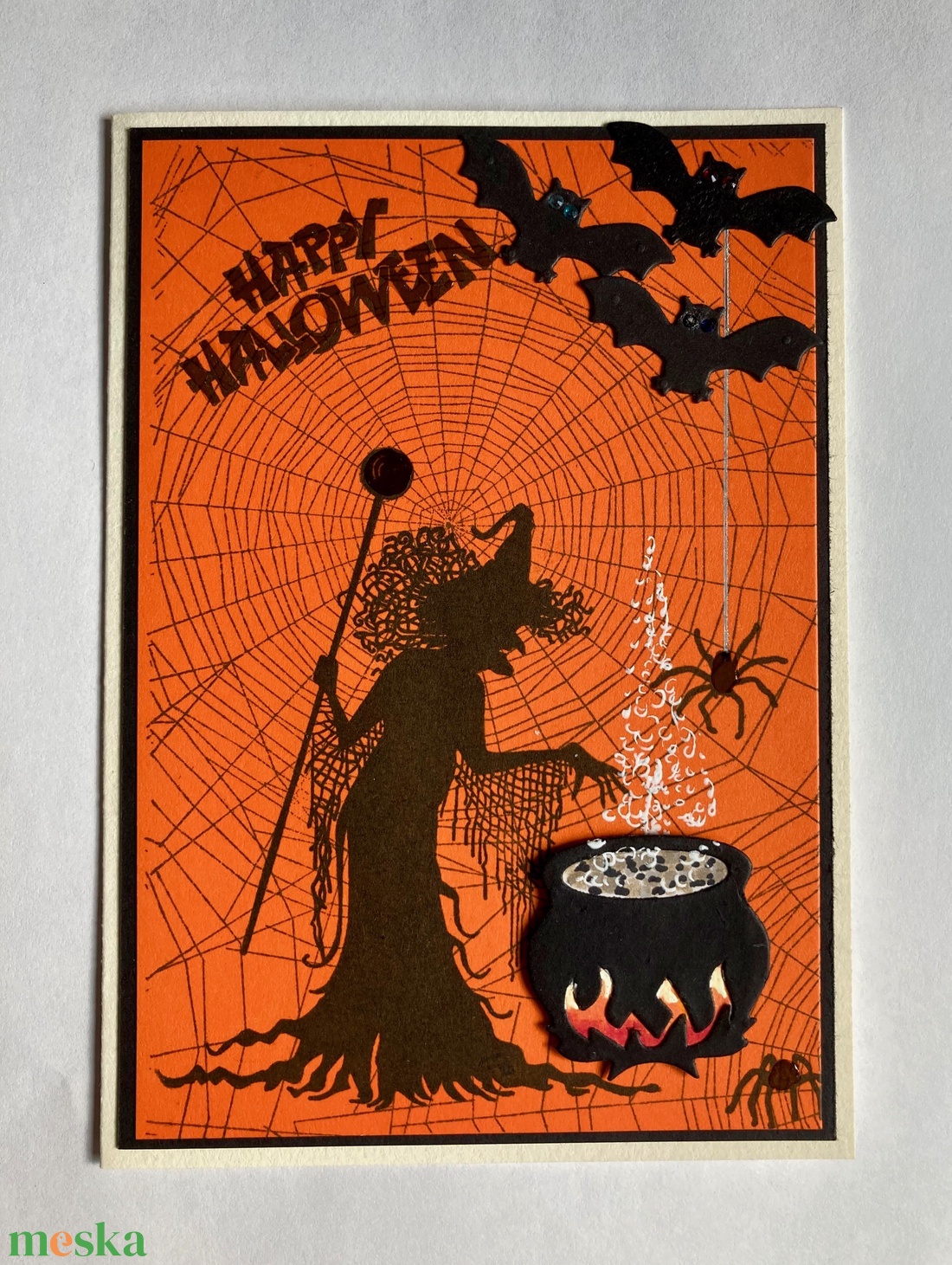Halloween képeslap, boszorkány, denevér, pók, pókháló - otthon & életmód - papír, írószer - ajándékozás kellékei - képeslap, üdvözlőlap - Meska.hu
