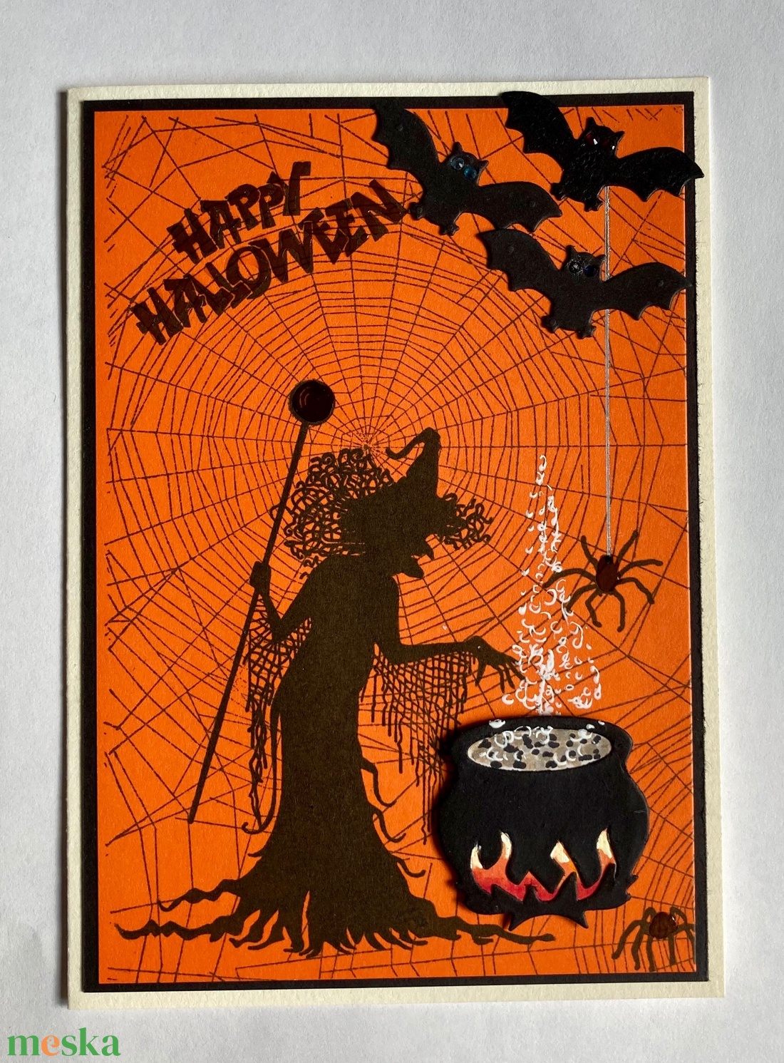Halloween képeslap, boszorkány, denevér, pók, pókháló - otthon & életmód - papír, írószer - ajándékozás kellékei - képeslap, üdvözlőlap - Meska.hu