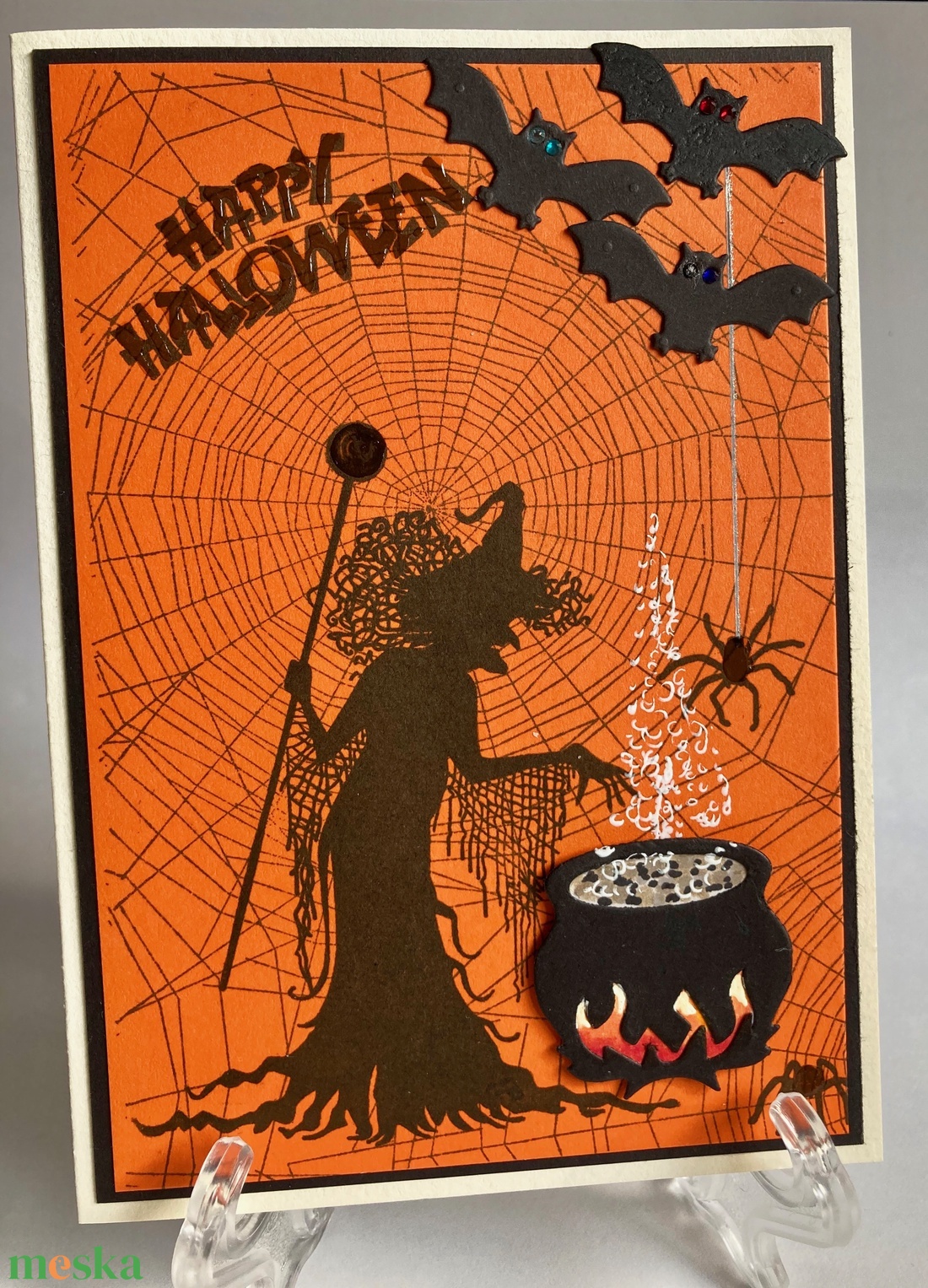 Halloween képeslap, boszorkány, denevér, pók, pókháló - otthon & életmód - papír, írószer - ajándékozás kellékei - képeslap, üdvözlőlap - Meska.hu
