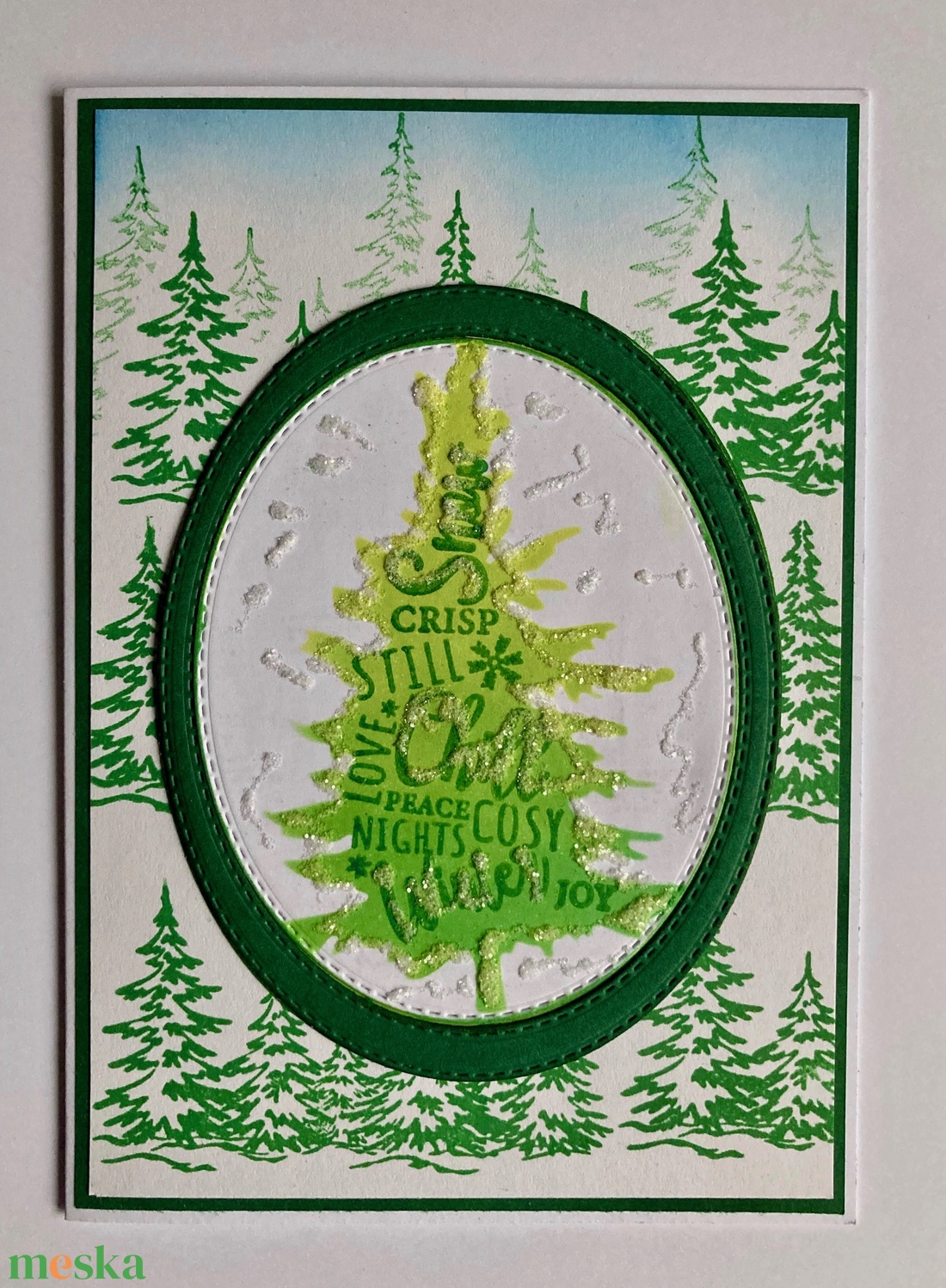 Fenyő  képeslap, Karácsony, Újév, tél, születésnap névnap, fenyves, erdő, karácsonyfa - karácsony - karácsonyi ajándékozás - karácsonyi képeslap, üdvözlőlap, ajándékkísérő - Meska.hu