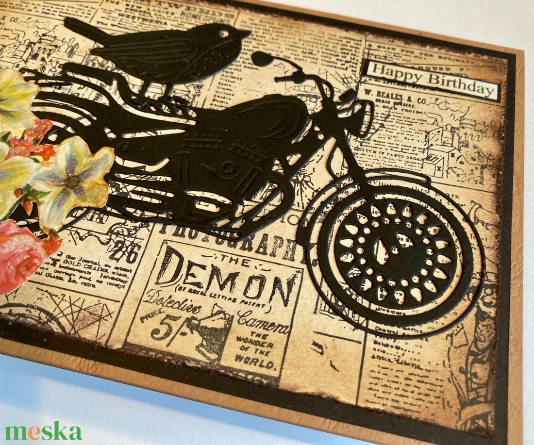 Motoros képeslap, motor, motorkerékpár, madár, virág, ajándékkísérő - otthon & életmód - papír, írószer - Meska.hu