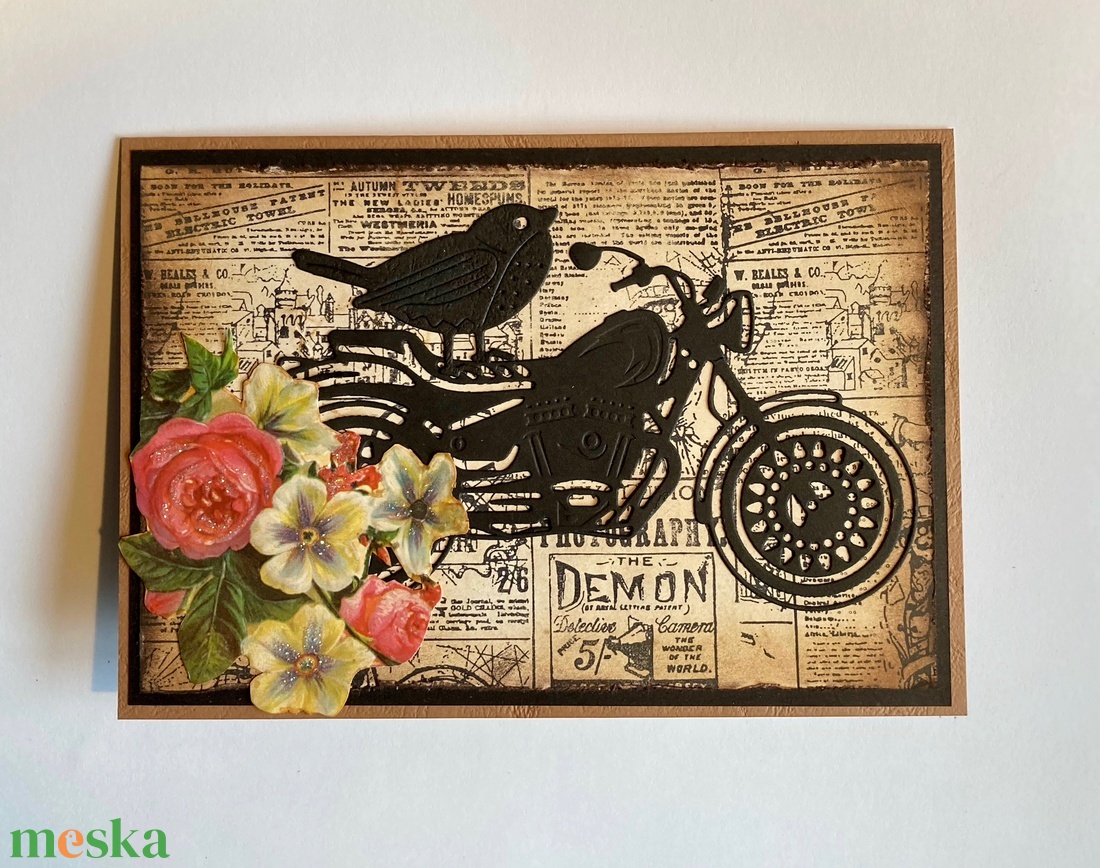 Motoros képeslap, motor, motorkerékpár, madár, virág, ajándékkísérő - otthon & életmód - papír, írószer - Meska.hu