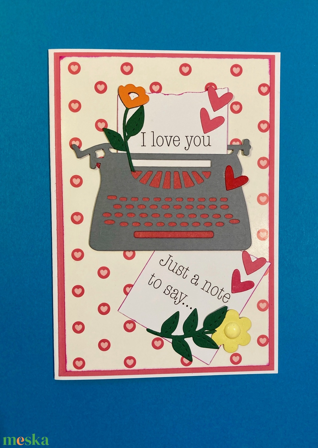 Szerelmes képeslap, Valentin nap,retró, írógép, virág, ajándékkísérő, szív - otthon & életmód - papír, írószer - Meska.hu