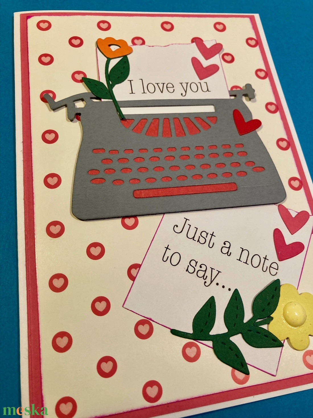 Szerelmes képeslap, Valentin nap,retró, írógép, virág, ajándékkísérő, szív - otthon & életmód - papír, írószer - Meska.hu