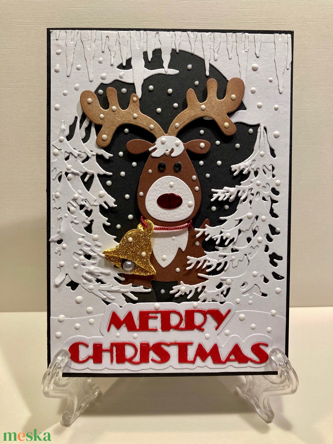 Karácsonyi képeslap, Rudolf a rénszarvas, ajándékkísérő - karácsony - karácsonyi ajándékozás - karácsonyi képeslap, üdvözlőlap, ajándékkísérő - Meska.hu