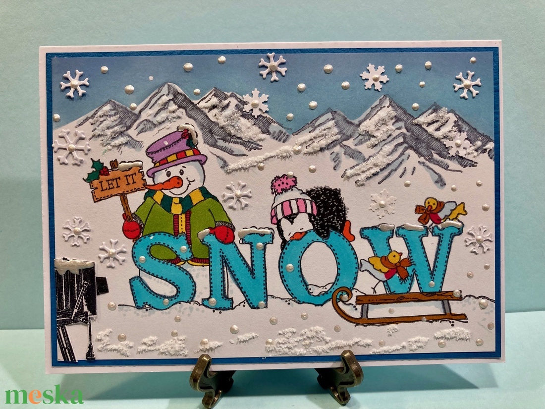 Karácsonyi képeslap, hóember, pingvin, madár, hó, snow  - karácsony - karácsonyi ajándékozás - karácsonyi képeslap, üdvözlőlap, ajándékkísérő - Meska.hu