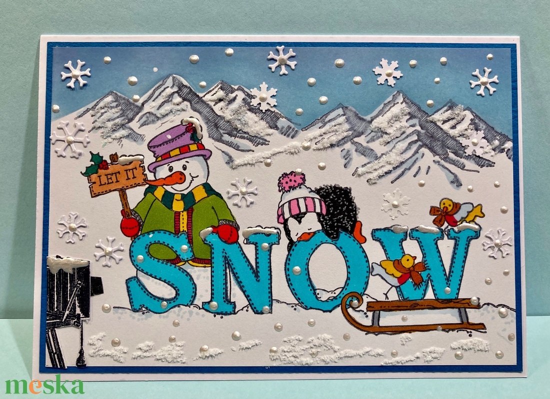 Karácsonyi képeslap, hóember, pingvin, madár, hó, snow  - karácsony - karácsonyi ajándékozás - karácsonyi képeslap, üdvözlőlap, ajándékkísérő - Meska.hu