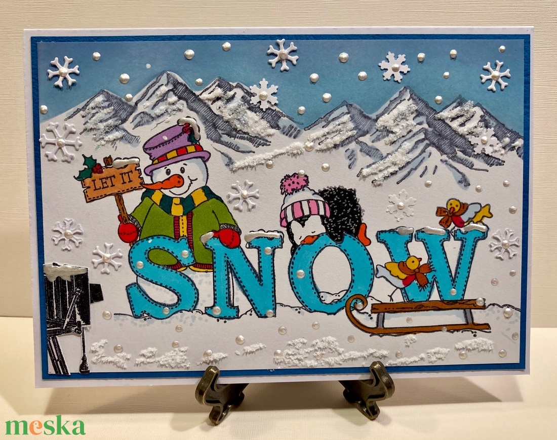 Karácsonyi képeslap, hóember, pingvin, madár, hó, snow  - karácsony - karácsonyi ajándékozás - karácsonyi képeslap, üdvözlőlap, ajándékkísérő - Meska.hu