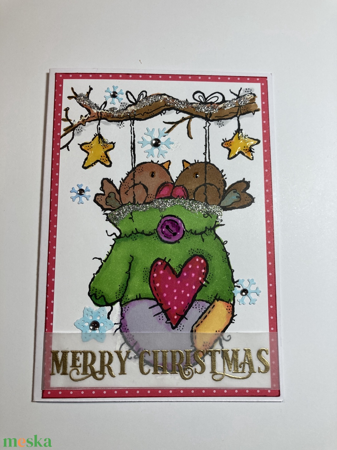 Madarak kesztyűben karácsonyi képeslap, ajándékkísérő, üdvözlőlap - karácsony - karácsonyi ajándékozás - karácsonyi képeslap, üdvözlőlap, ajándékkísérő - Meska.hu