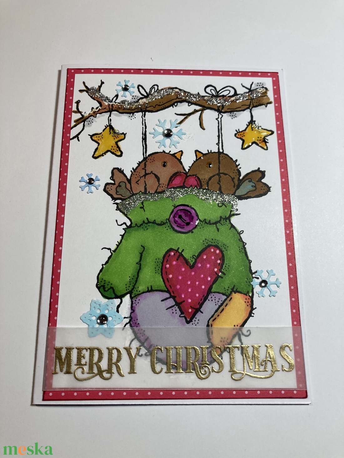 Madarak kesztyűben karácsonyi képeslap, ajándékkísérő, üdvözlőlap - karácsony - karácsonyi ajándékozás - karácsonyi képeslap, üdvözlőlap, ajándékkísérő - Meska.hu