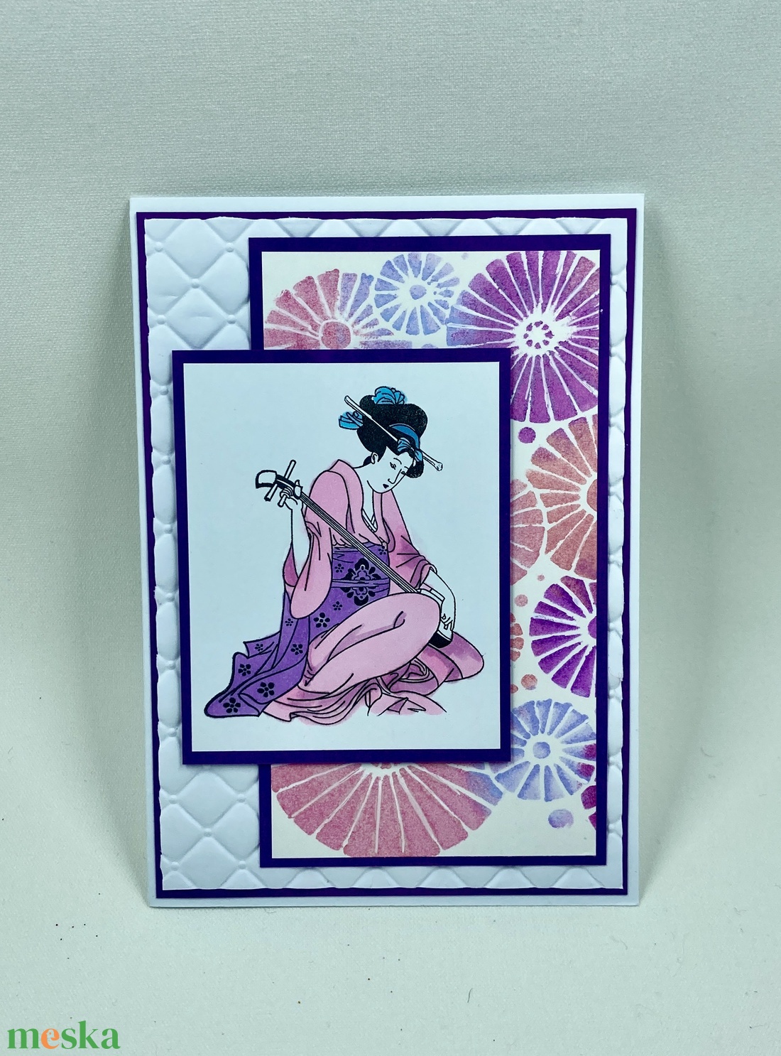 Japán hölgy képeslap, zene, zenész, gésa, samiszen - otthon & életmód - papír, írószer - ajándékozás kellékei - képeslap, üdvözlőlap - Meska.hu