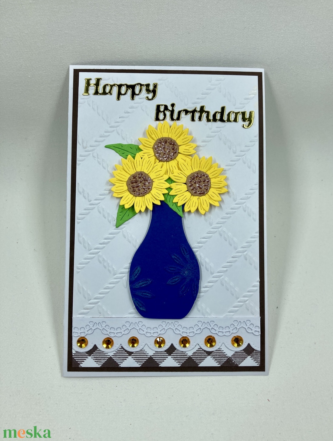 Napraforgók vázában születésnapi képeslap, ajándékkísérő, virágok - otthon & életmód - papír, írószer - ajándékozás kellékei - képeslap, üdvözlőlap - Meska.hu