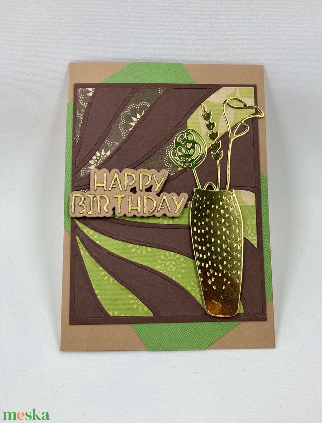 Arany váza virágokkal születésnapi képeslap, ajándékkísérő - otthon & életmód - papír, írószer - ajándékozás kellékei - képeslap, üdvözlőlap - Meska.hu