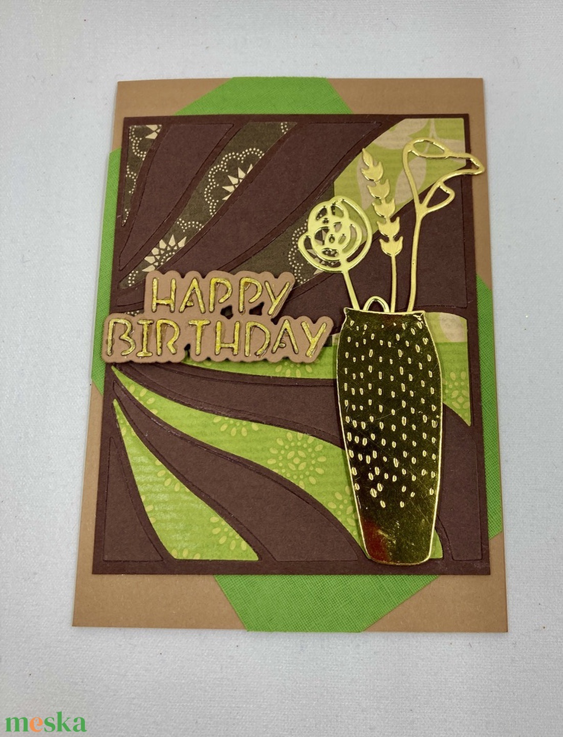 Arany váza virágokkal születésnapi képeslap, ajándékkísérő - otthon & életmód - papír, írószer - ajándékozás kellékei - képeslap, üdvözlőlap - Meska.hu