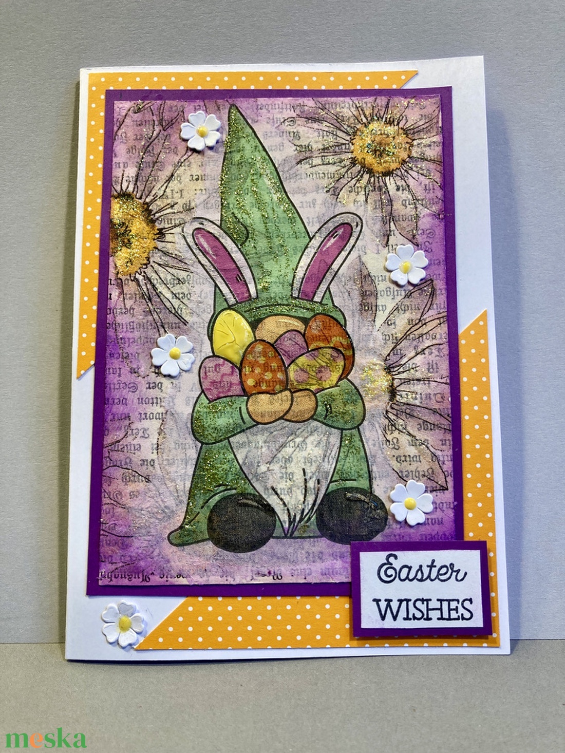 Nyúl gnóm tojásokkal húsvéti képeslap, ajándékkísérő - otthon & életmód - papír, írószer - ajándékozás kellékei - képeslap, üdvözlőlap - Meska.hu