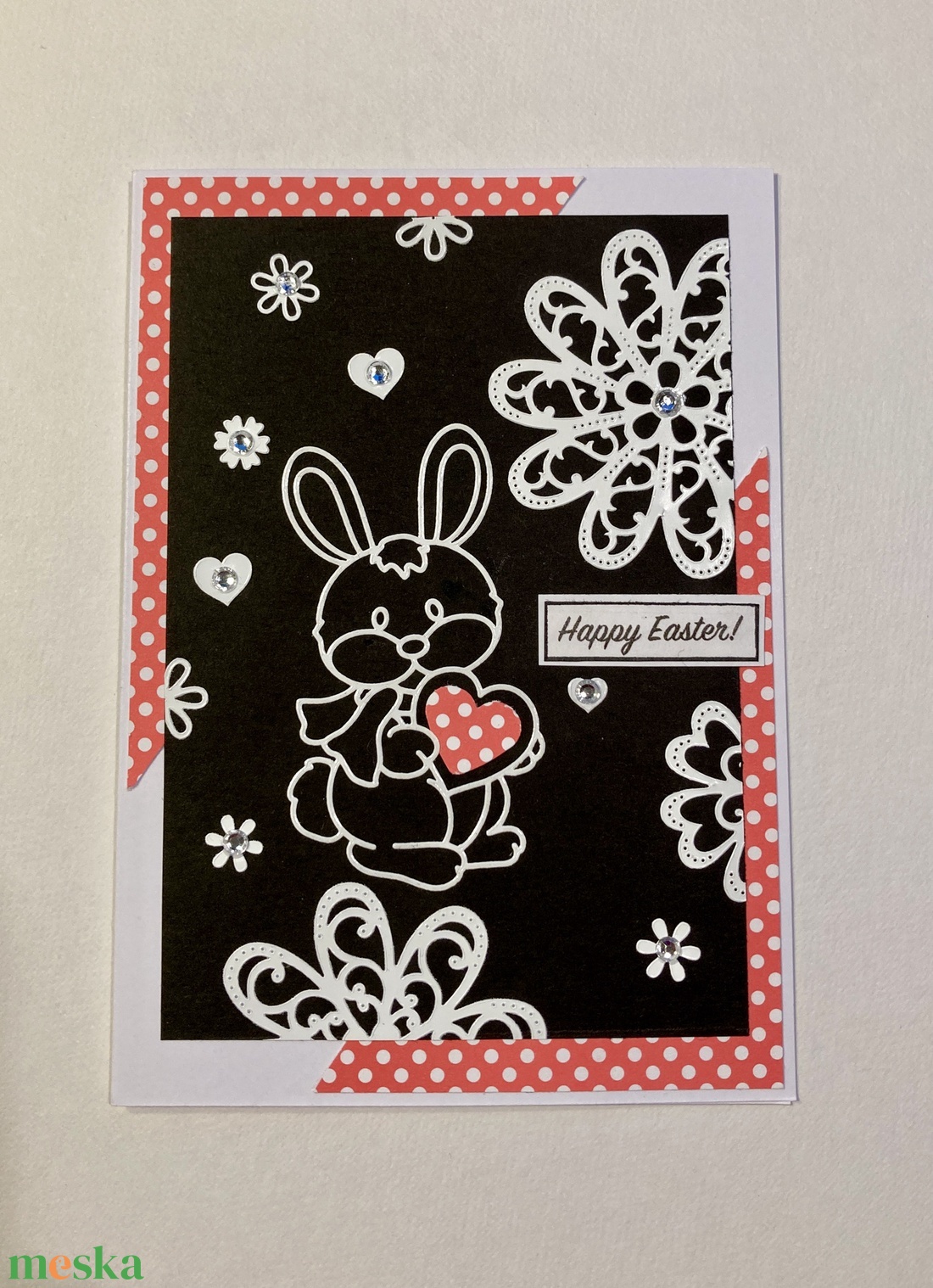 Nyuszi pöttyös szívvel húsvéti képeslap, ajándékkísérő - otthon & életmód - papír, írószer - ajándékozás kellékei - képeslap, üdvözlőlap - Meska.hu