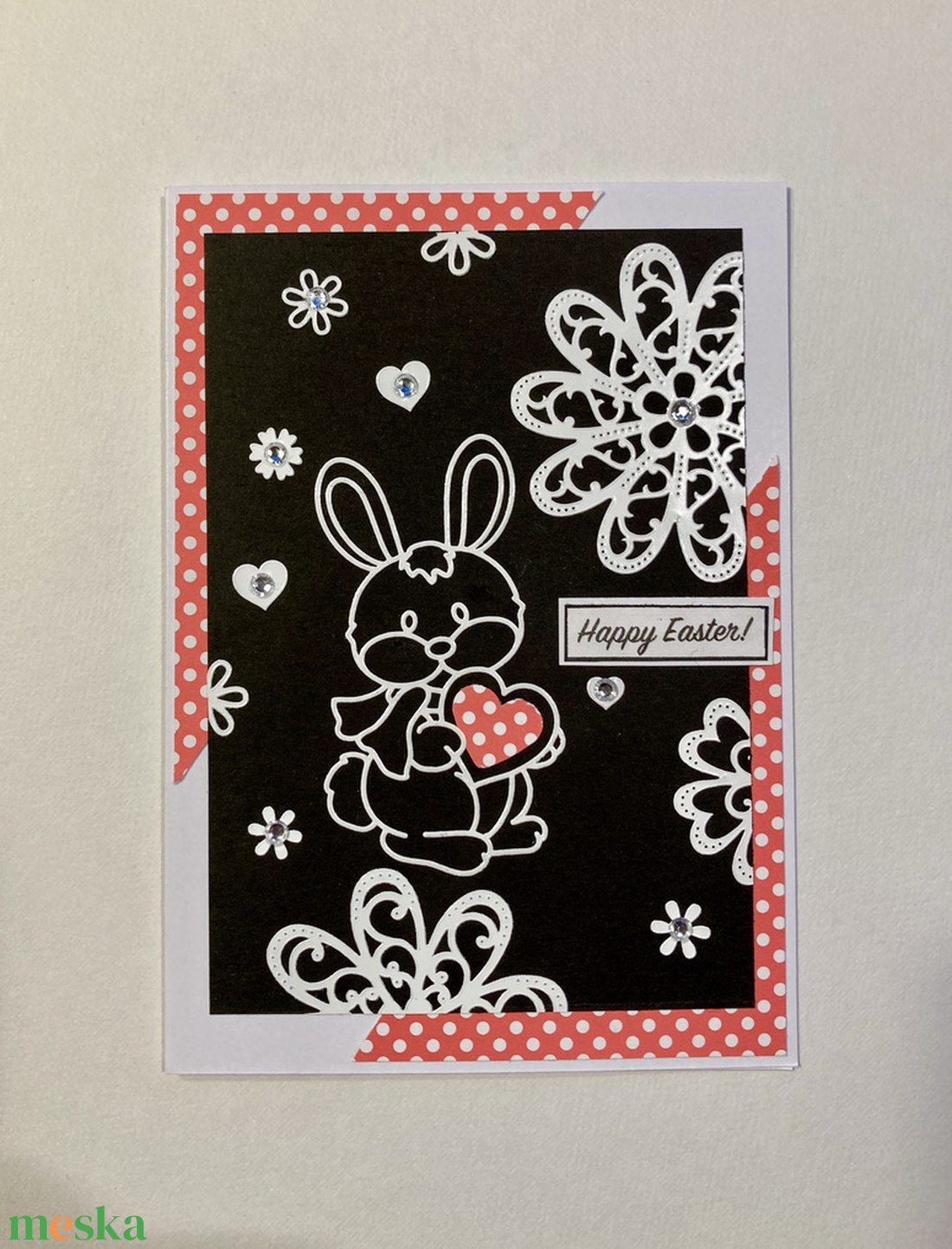 Nyuszi pöttyös szívvel húsvéti képeslap, ajándékkísérő - otthon & életmód - papír, írószer - ajándékozás kellékei - képeslap, üdvözlőlap - Meska.hu