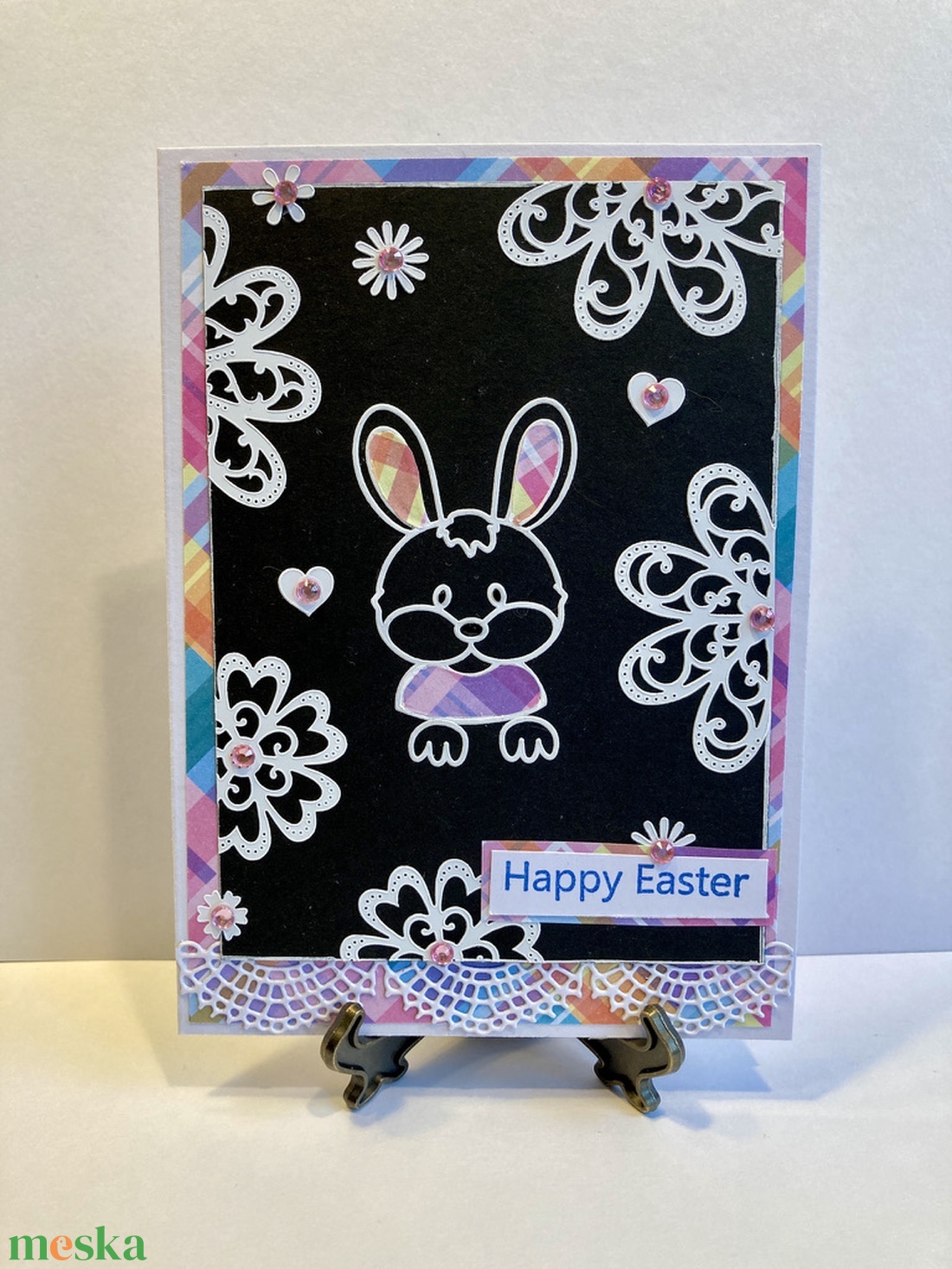 Kockás fülű nyuszi  húsvéti képeslap, ajándékkísérő - otthon & életmód - papír, írószer - ajándékozás kellékei - képeslap, üdvözlőlap - Meska.hu