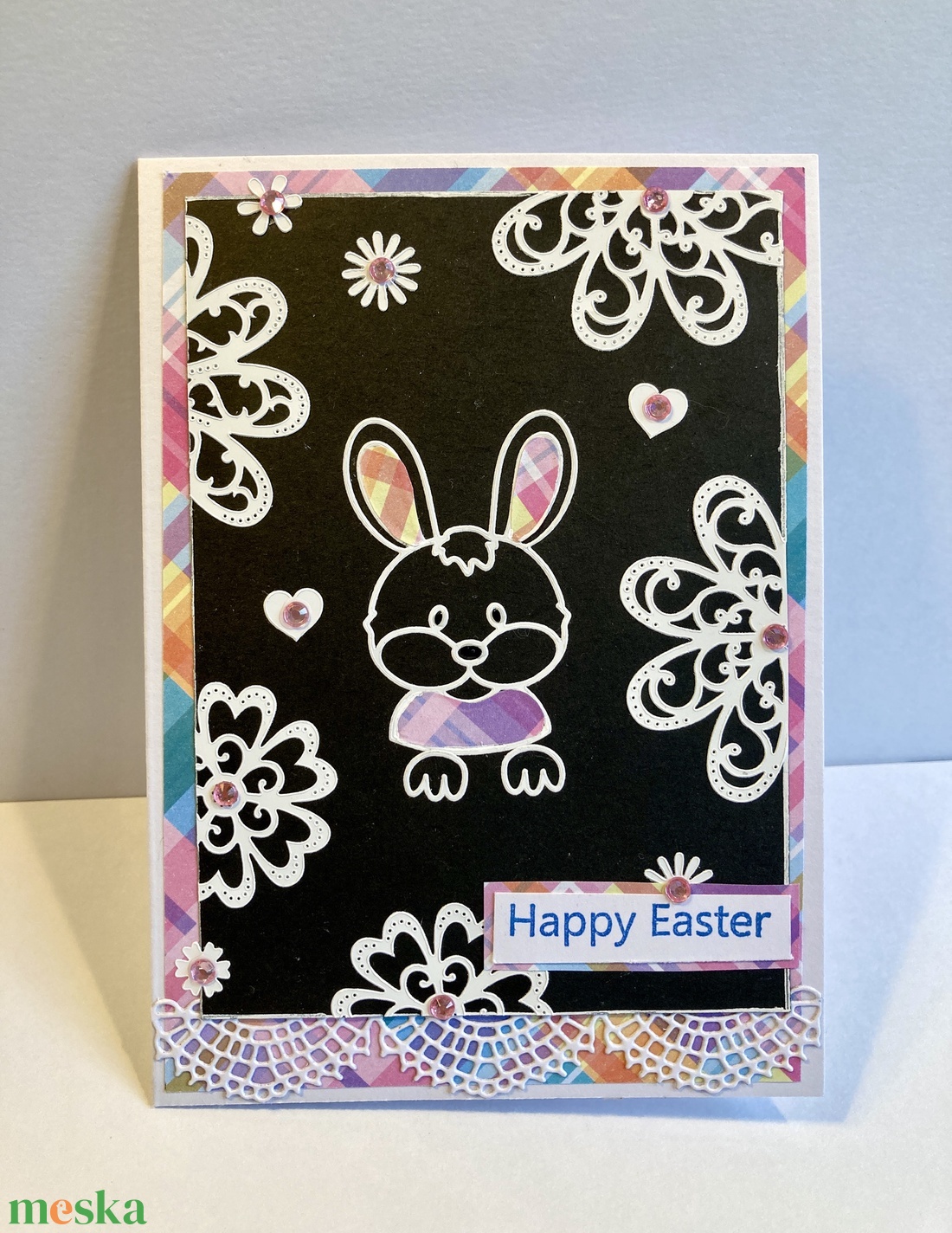 Kockás fülű nyuszi  húsvéti képeslap, ajándékkísérő - otthon & életmód - papír, írószer - ajándékozás kellékei - képeslap, üdvözlőlap - Meska.hu