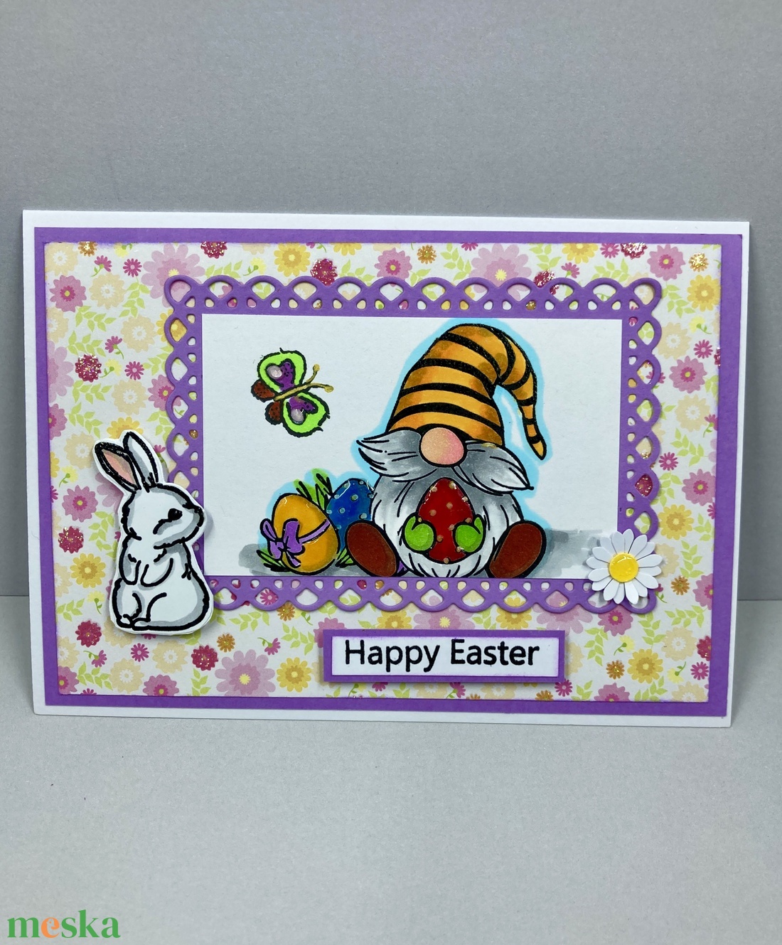 Húsvéti manó/törpe/gnóm tojásokkal, nyuszival, húsvéti képeslap, ajándékkísérő - ünnepi díszek, dekorációk - húsvéti díszek és dekorációk - húsvéti képeslapok - Meska.hu