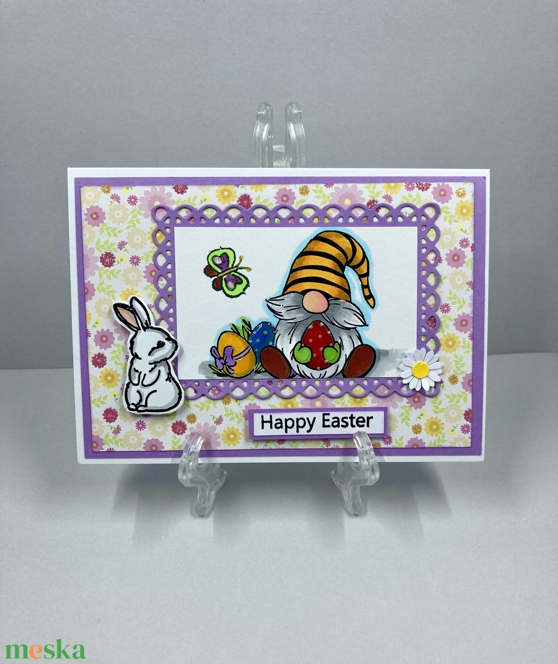 Húsvéti manó/törpe/gnóm tojásokkal, nyuszival, húsvéti képeslap, ajándékkísérő - ünnepi díszek, dekorációk - húsvéti díszek és dekorációk - húsvéti képeslapok - Meska.hu