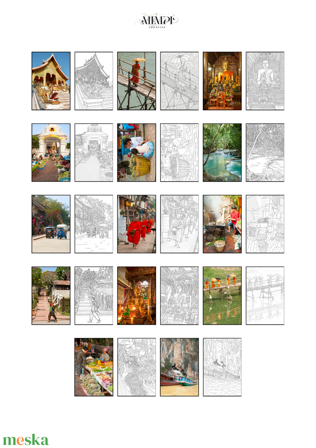 Laosz színezőfüzet, 14db kontúrrajz saját fotók alapján - művészet - grafika & illusztráció - digitális - Meska.hu