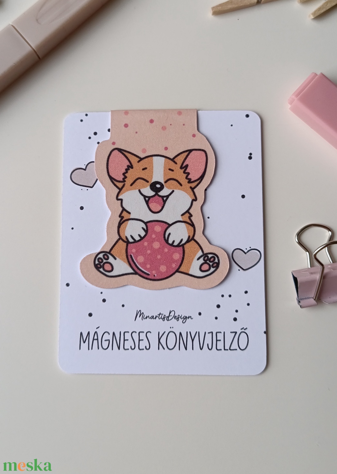 mágneses könyvjelző - corgi labdával - könyv & zene - könyvjelző - Meska.hu