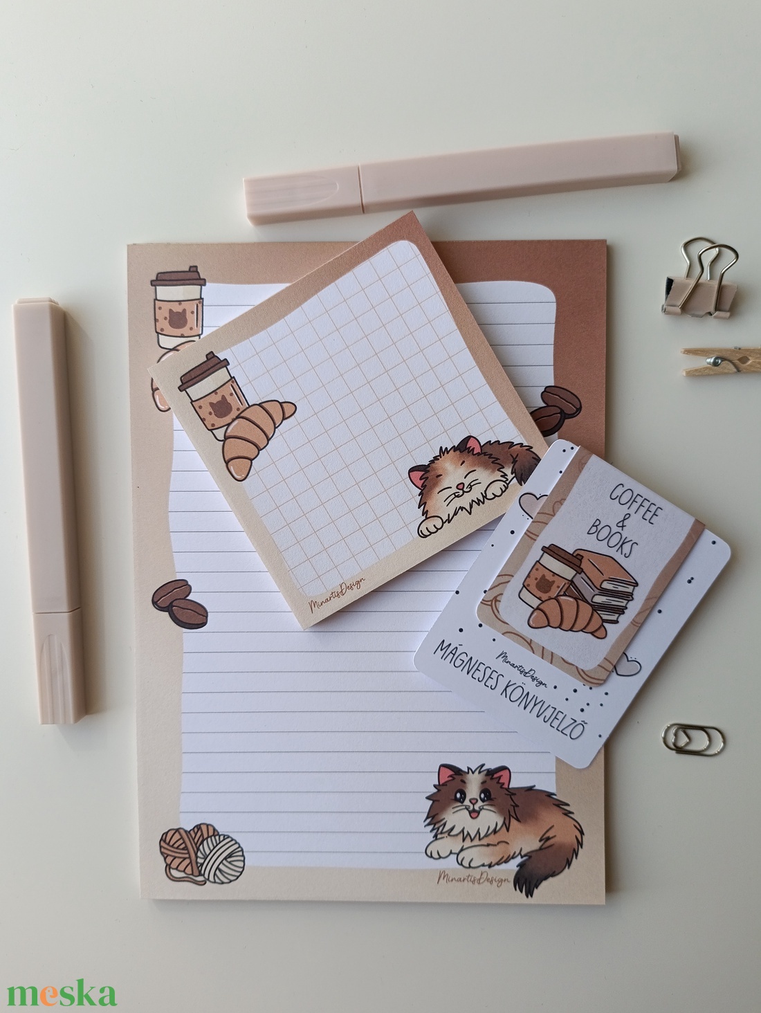 Jegyzettömb, könyvjelző szett - cica kávés - otthon & életmód - papír, írószer - jegyzetfüzet & napló - Meska.hu