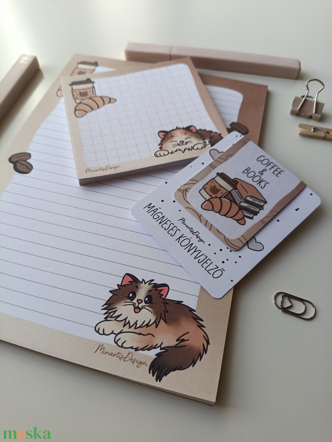 Jegyzettömb, könyvjelző szett - cica kávés - otthon & életmód - papír, írószer - jegyzetfüzet & napló - Meska.hu