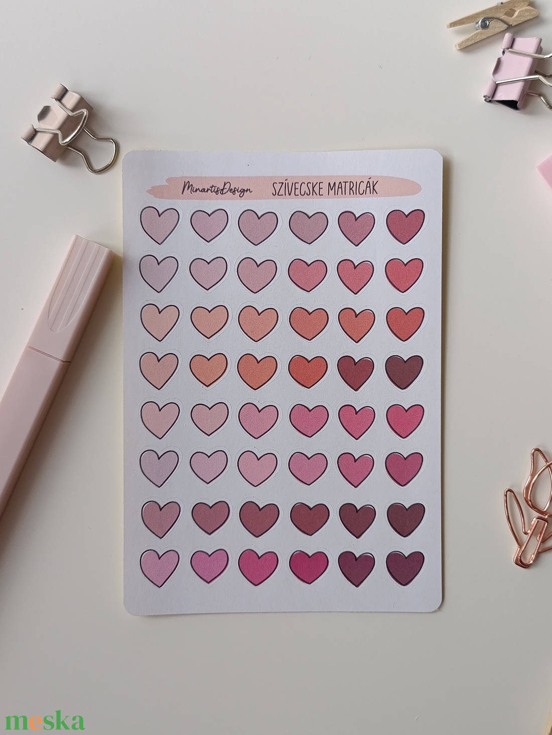 Matricaív - rózsaszín, piros szívecskék - otthon & életmód - papír, írószer - matrica, matrica csomag - Meska.hu