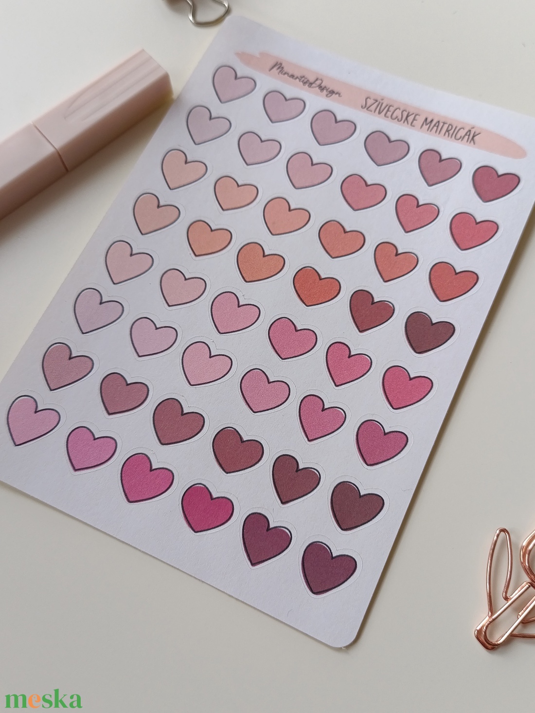Matricaív - rózsaszín, piros szívecskék - otthon & életmód - papír, írószer - matrica, matrica csomag - Meska.hu