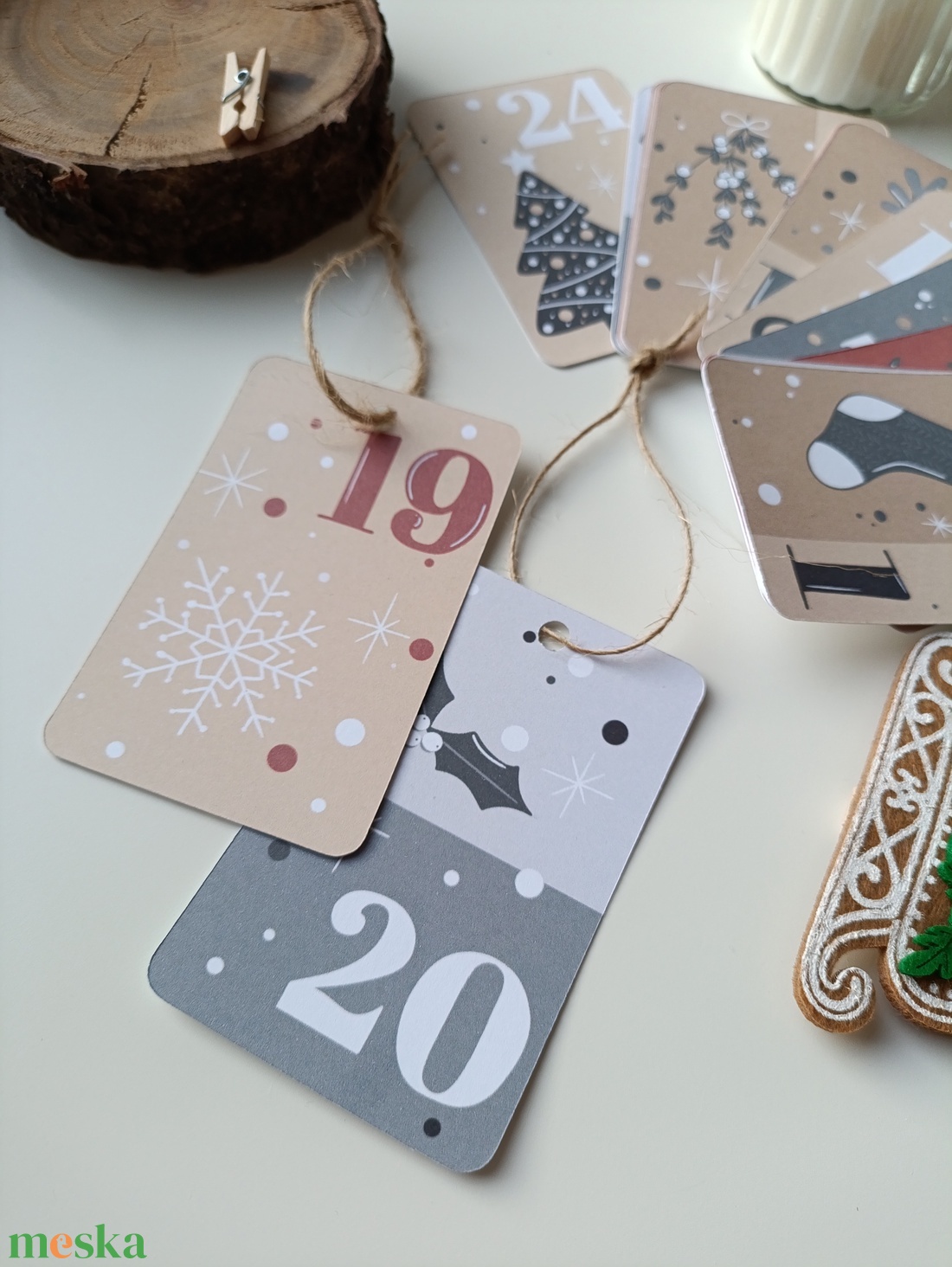 Adventi kártya 24 db - piros szürke - karácsony - adventi díszek - adventi naptár - Meska.hu