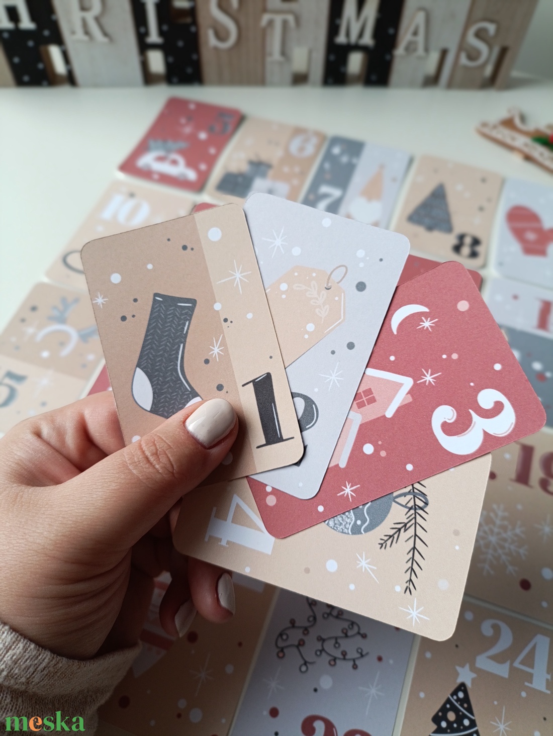 Adventi kártya 24 db - piros szürke - karácsony - adventi díszek - adventi naptár - Meska.hu