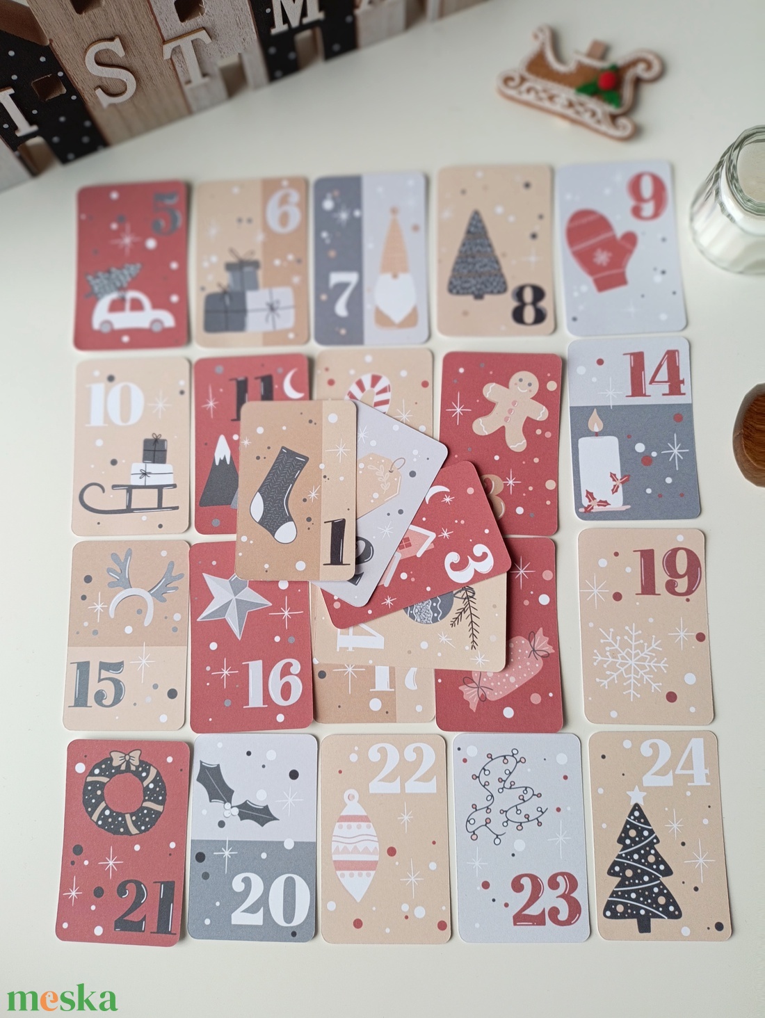 Adventi kártya 24 db - piros szürke - karácsony - adventi díszek - adventi naptár - Meska.hu