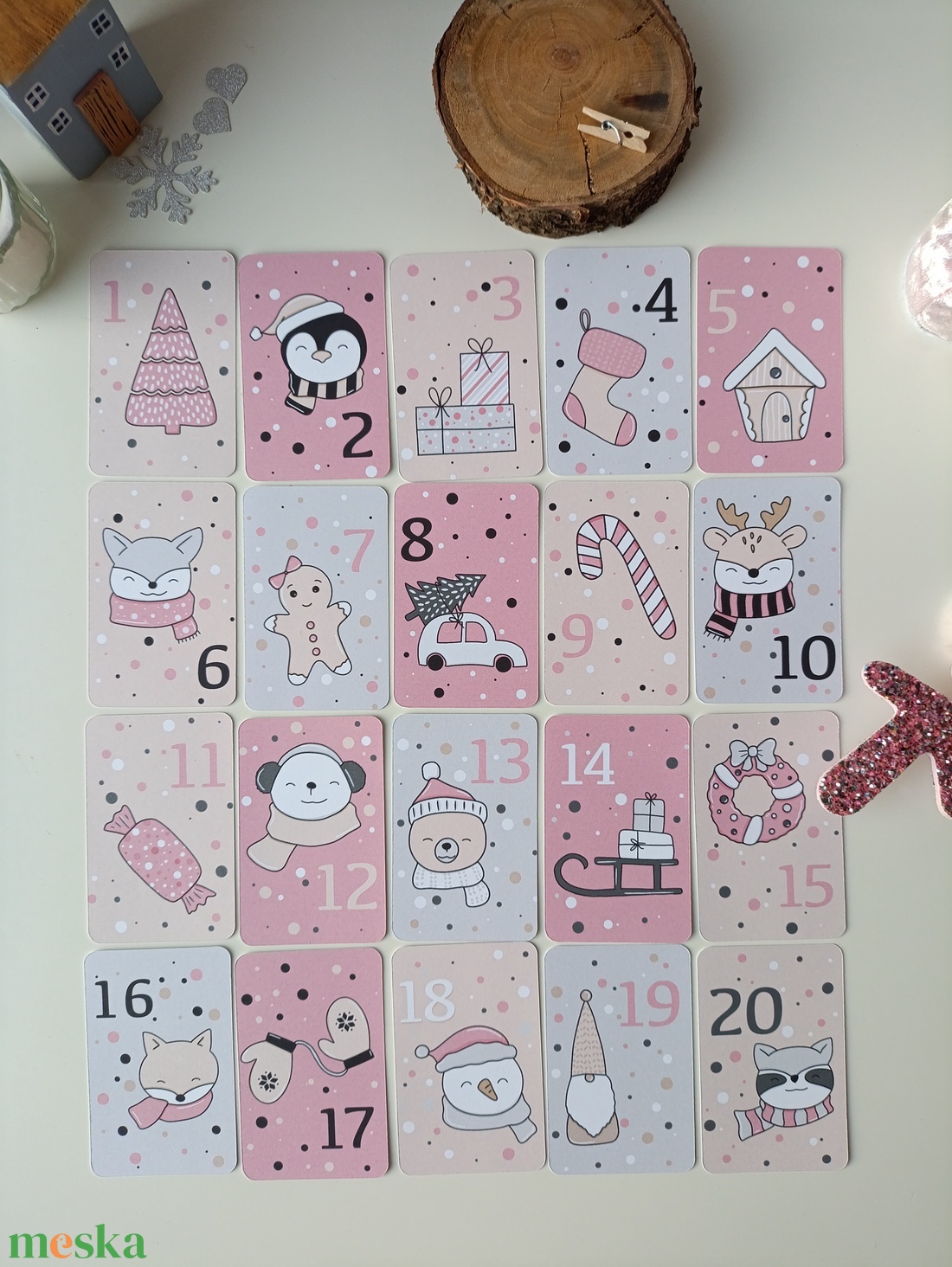 Adventi kártya 24 db - rózsaszín - karácsony - adventi díszek - adventi naptár - Meska.hu