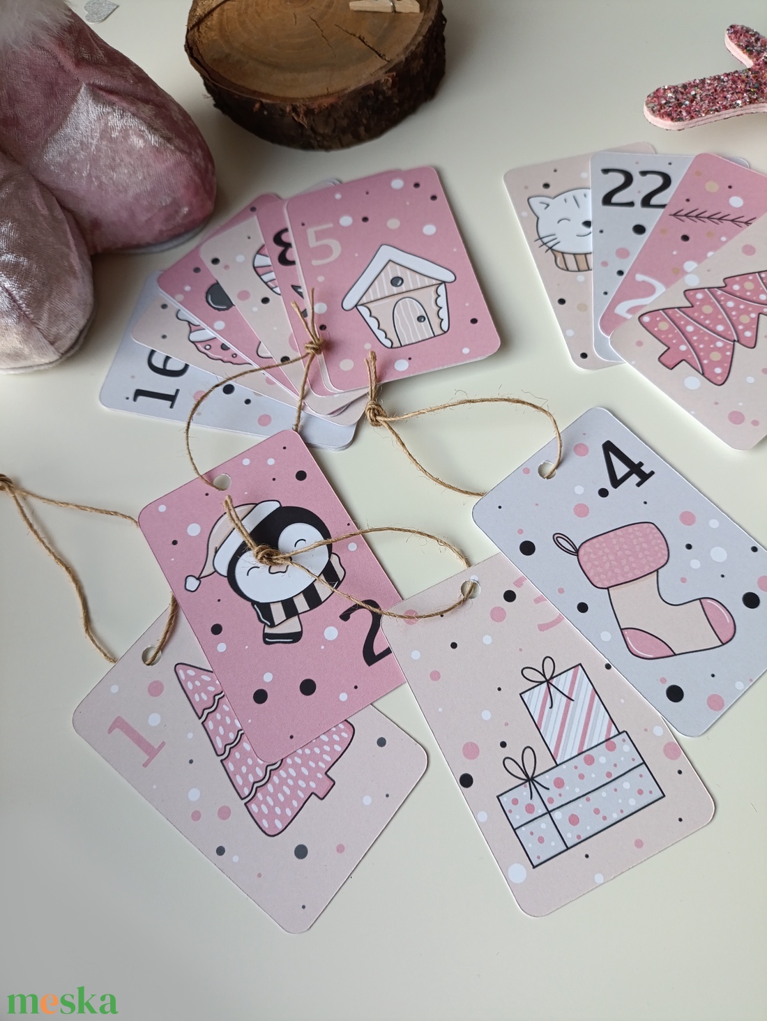 Adventi kártya 24 db - rózsaszín - karácsony - adventi díszek - adventi naptár - Meska.hu