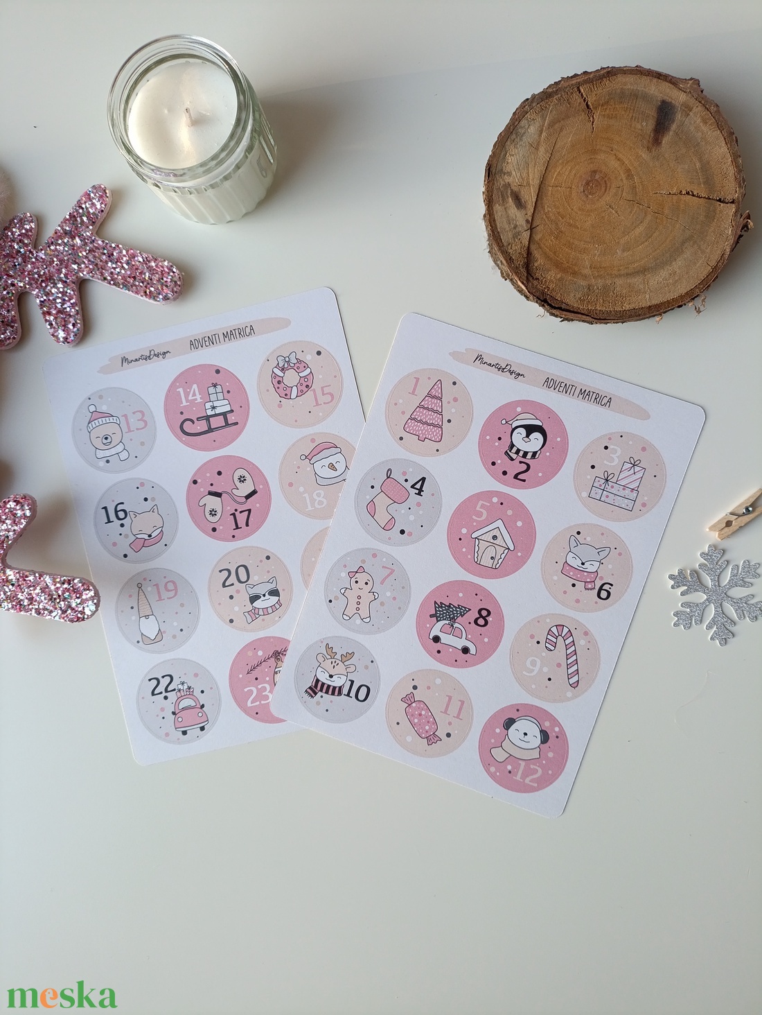 Adventi kalendárium matricaív - rózsaszín - otthon & életmód - papír, írószer - matrica, matrica csomag - Meska.hu
