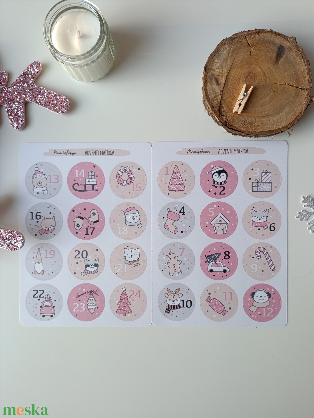 Adventi kalendárium matricaív - rózsaszín - otthon & életmód - papír, írószer - matrica, matrica csomag - Meska.hu