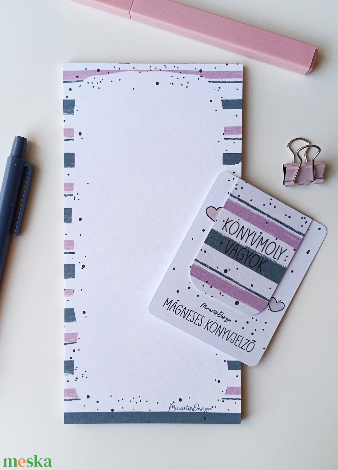 Jegyzettömb, könyvjelző szett - lila, kék csíkos - otthon & életmód - papír, írószer - jegyzetfüzet & napló - Meska.hu