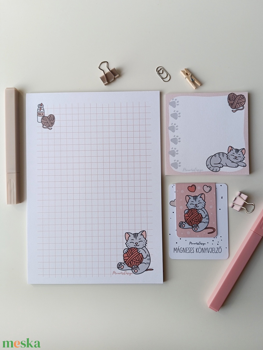 Jegyzettömb, könyvjelző szett - szürke cicás - otthon & életmód - papír, írószer - jegyzetfüzet & napló - Meska.hu