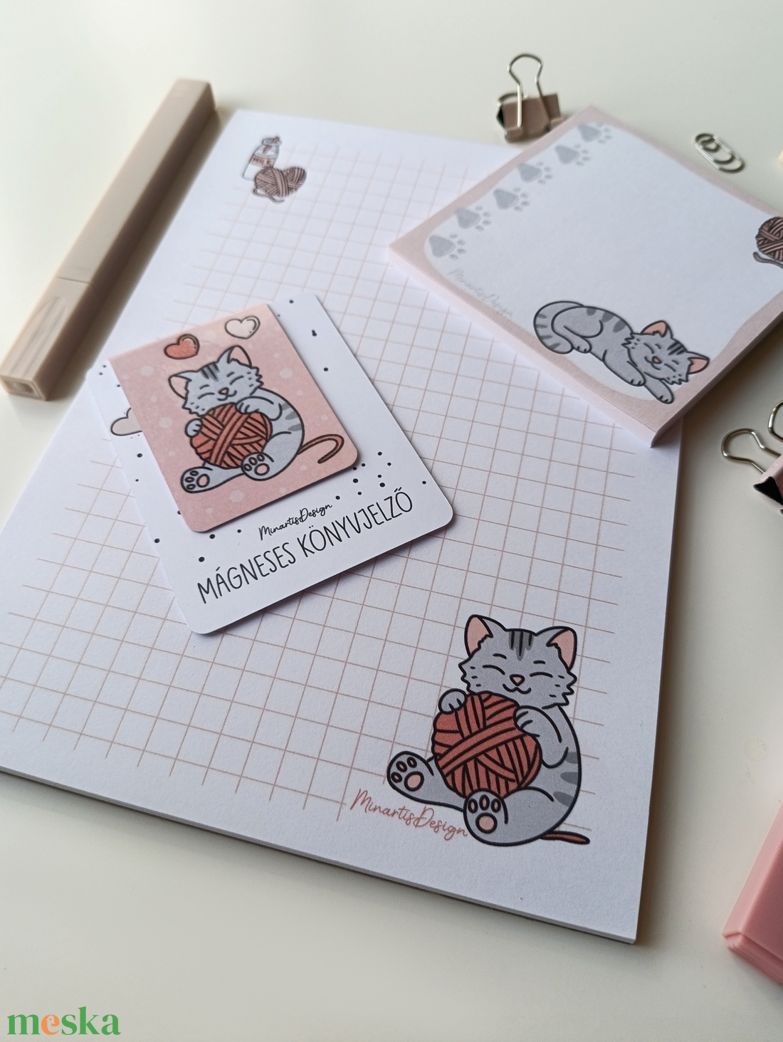 Jegyzettömb, könyvjelző szett - szürke cicás - otthon & életmód - papír, írószer - jegyzetfüzet & napló - Meska.hu