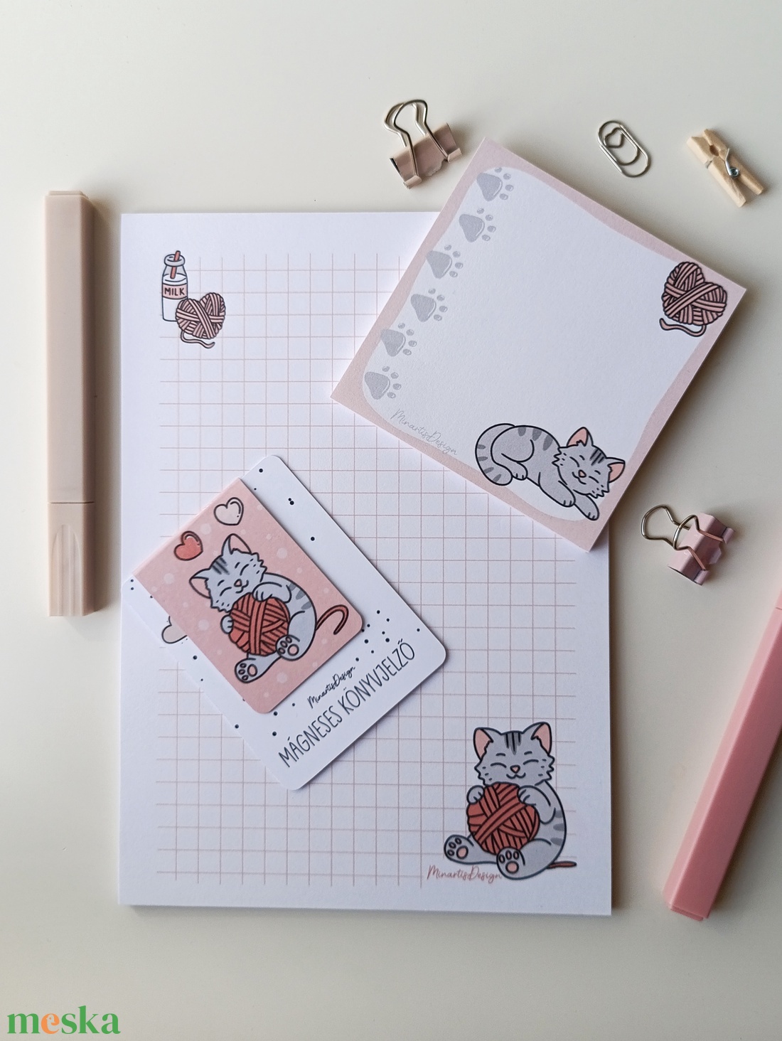 Jegyzettömb, könyvjelző szett - szürke cicás - otthon & életmód - papír, írószer - jegyzetfüzet & napló - Meska.hu