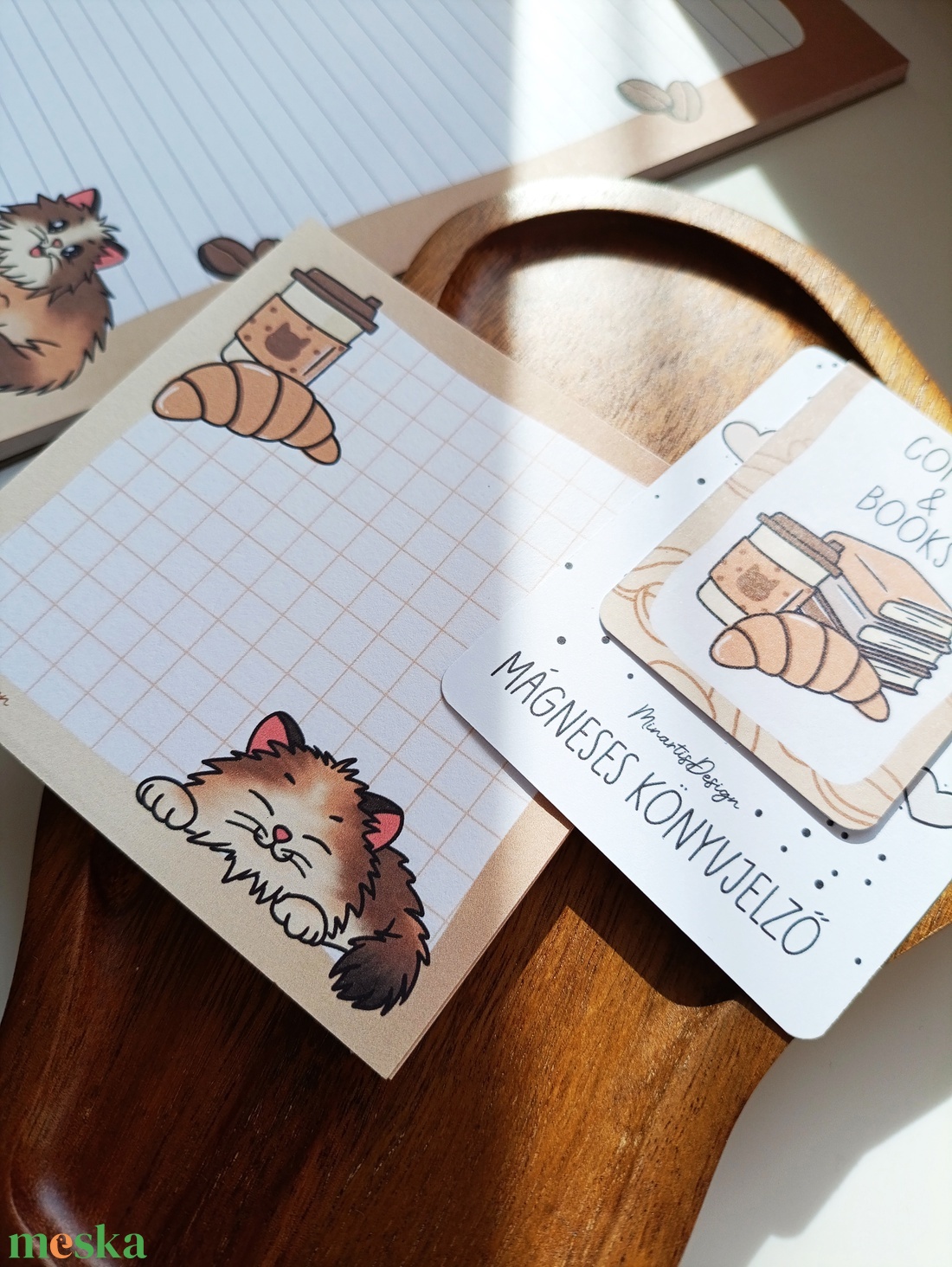 Jegyzettömb, könyvjelző szett - cica kávés - otthon & életmód - papír, írószer - jegyzetfüzet & napló - Meska.hu