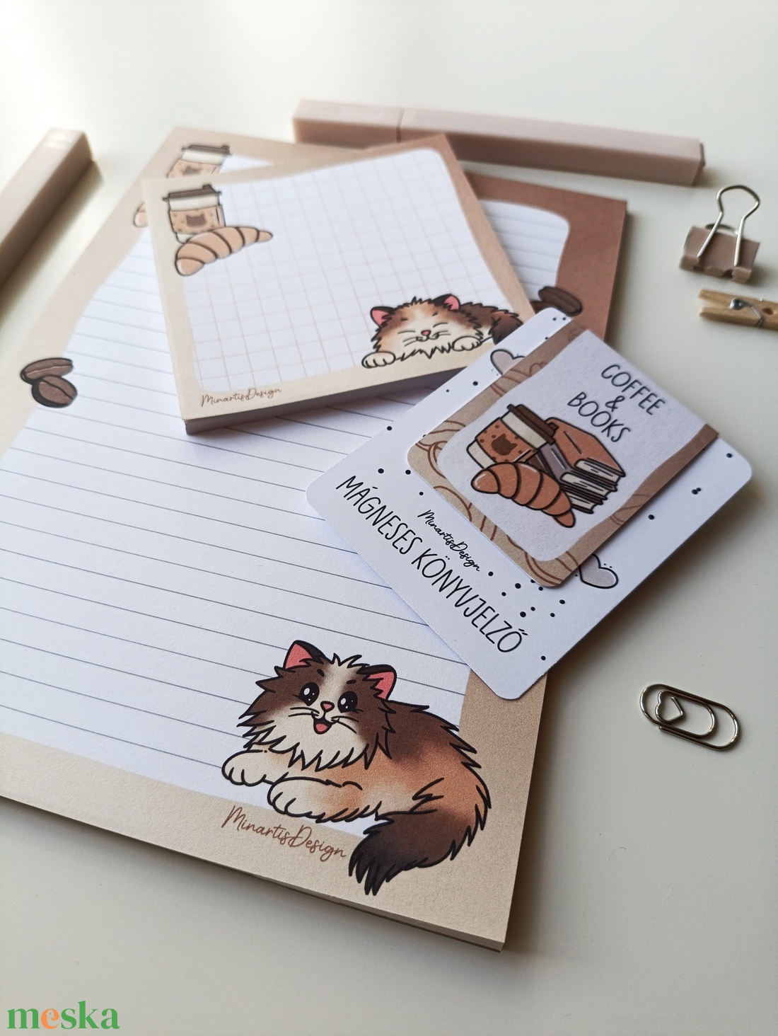 Jegyzettömb, könyvjelző szett - cica kávés - otthon & életmód - papír, írószer - jegyzetfüzet & napló - Meska.hu