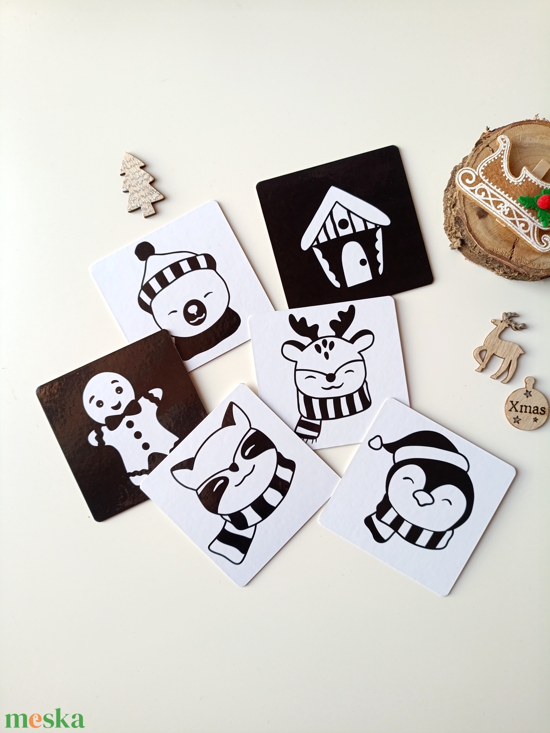 Kontrasztkártyák babáknak - karácsonyi, téli mintákkal - játék & sport - babalátogató ajándékcsomag - Meska.hu