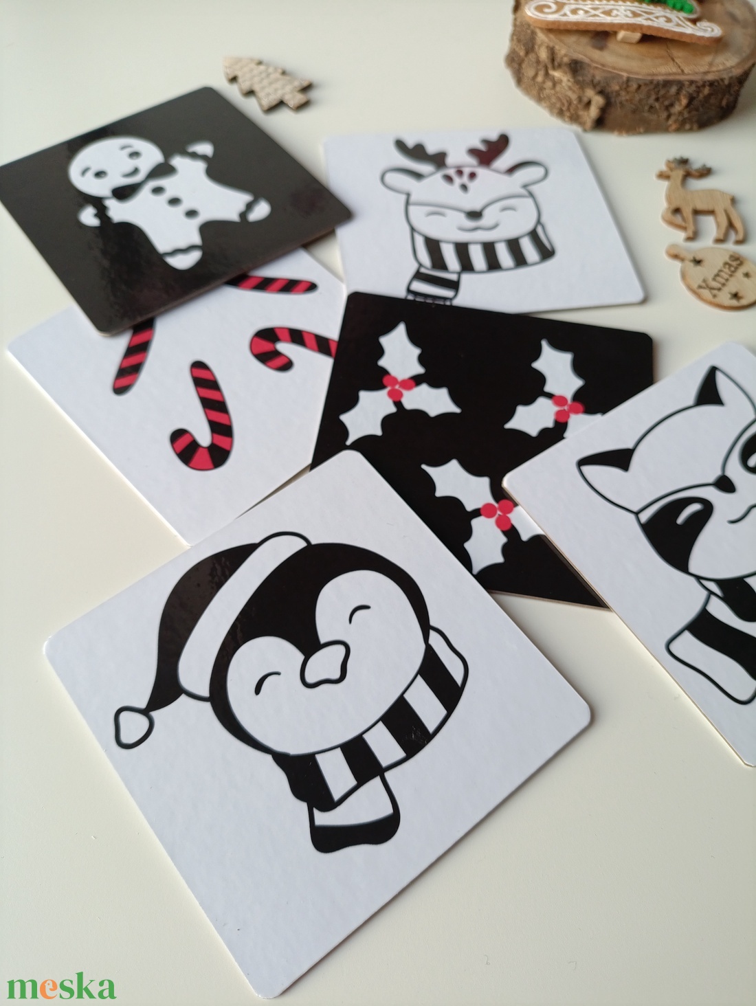 Kontrasztkártyák babáknak - karácsonyi, téli mintákkal - játék & sport - babalátogató ajándékcsomag - Meska.hu