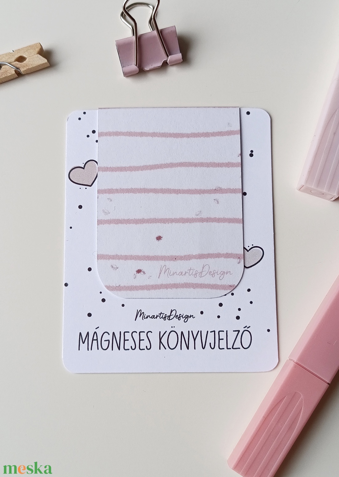 Mágneses könyvjelző - púderrózsaszín csíkos - könyv & zene - könyvjelző - Meska.hu