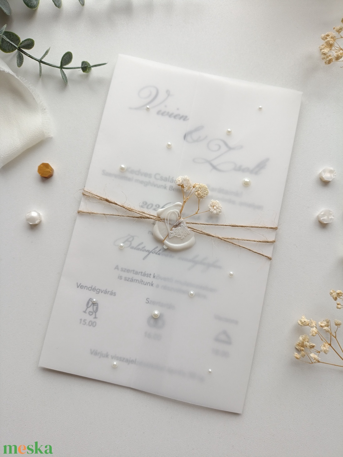 Esküvői meghívó viaszpecséttel gyöngyökkel - esküvő - meghívó & kártya - meghívó - Meska.hu