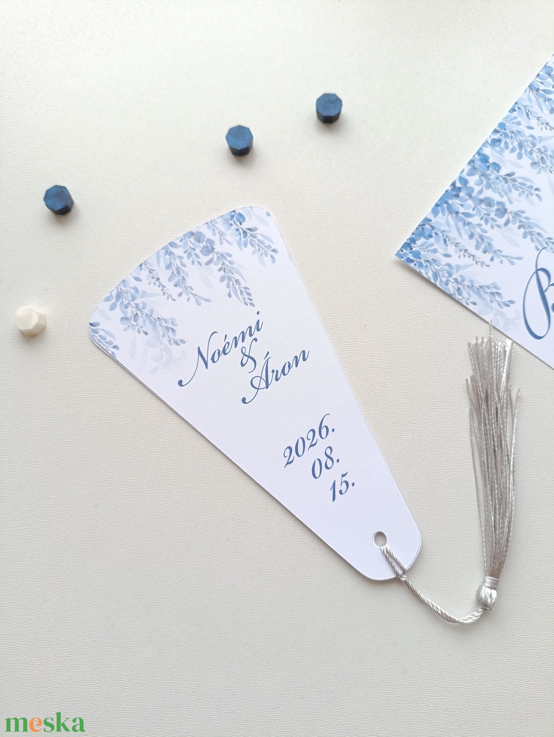 Esküvői legyező menü kártya és program kártya kék virágos  - esküvő - meghívó & kártya - menü - Meska.hu